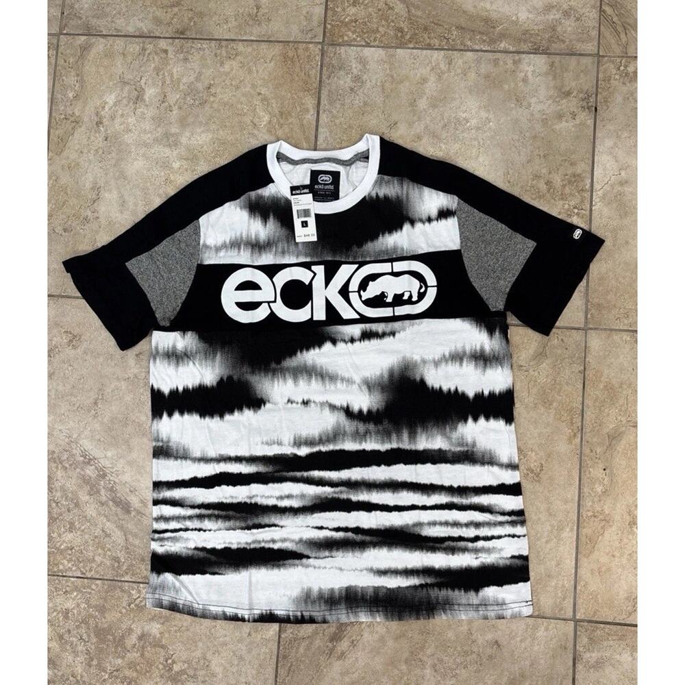 Ecko Unltd Black Tie Dye Skies Logo TShirt Men's Size L Skater Grunge Streetwear